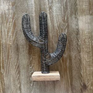 Wire Cactus Sculpture with Wooden Base